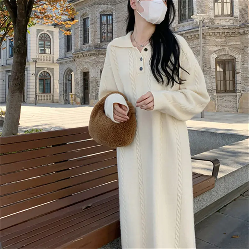 French Lapel Twists Sweater Dress For Women Autumn And Winter 2023 Casual Fashion Loose Long Pullover Shirt Knit Dress Z2342