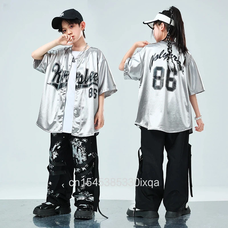 Girls Hip Hop Sliver Short Sleeve Baseball Jacket Pants Boys Street Dance Sequin Coat Children Jazz Clothes Set Kids Streetwear