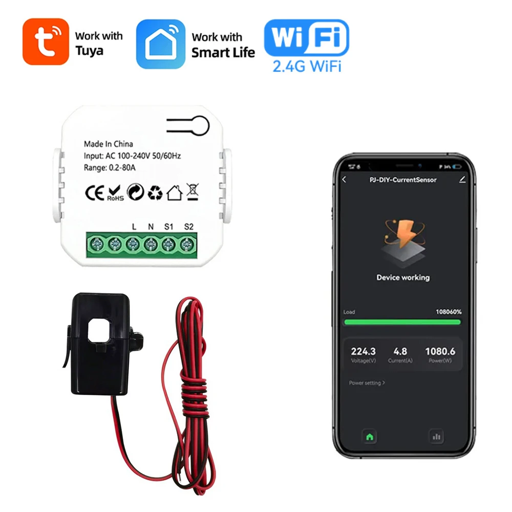 Tuya WiFi Digital Energy Meter AC 110V 240V 80A with Current Transformer Clamp Electricity Meter Smart Life APP Monitor Power