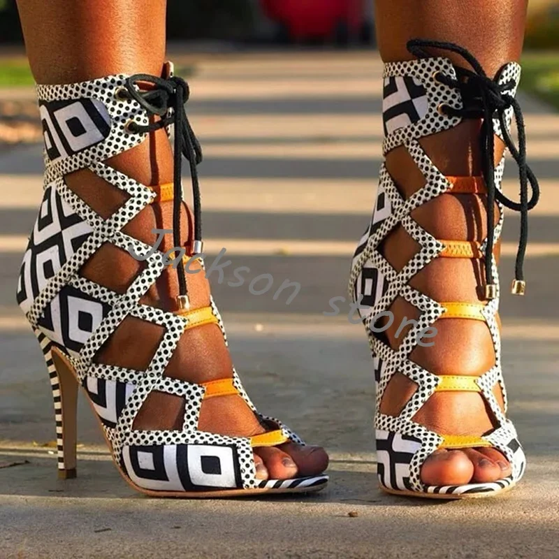 

Printed Black White Mixed Colors Concise Strappy Women Shoes Fashion Stiletto High Heel Sandals Sexy Hollow Lace Up Pumps