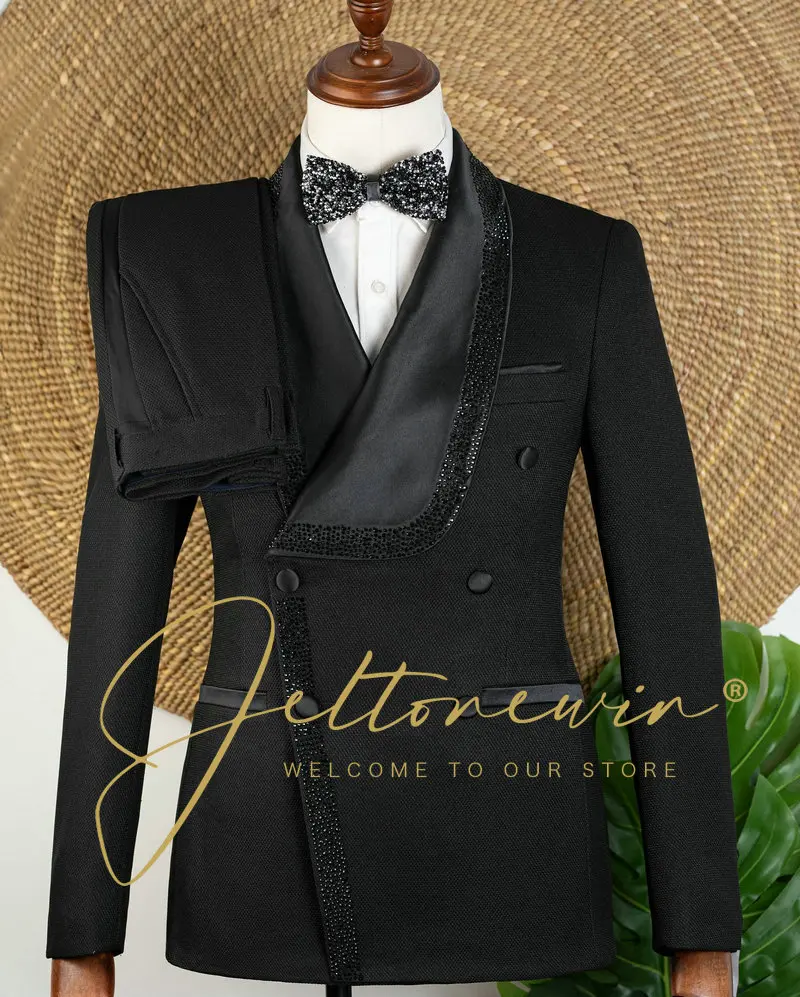

Мужской черный костюм-смокинг из двух предметов со сверкающей отделкой, двубортный приталенный костюм, официальная одежда для свадьбы, жениха, вечеринки