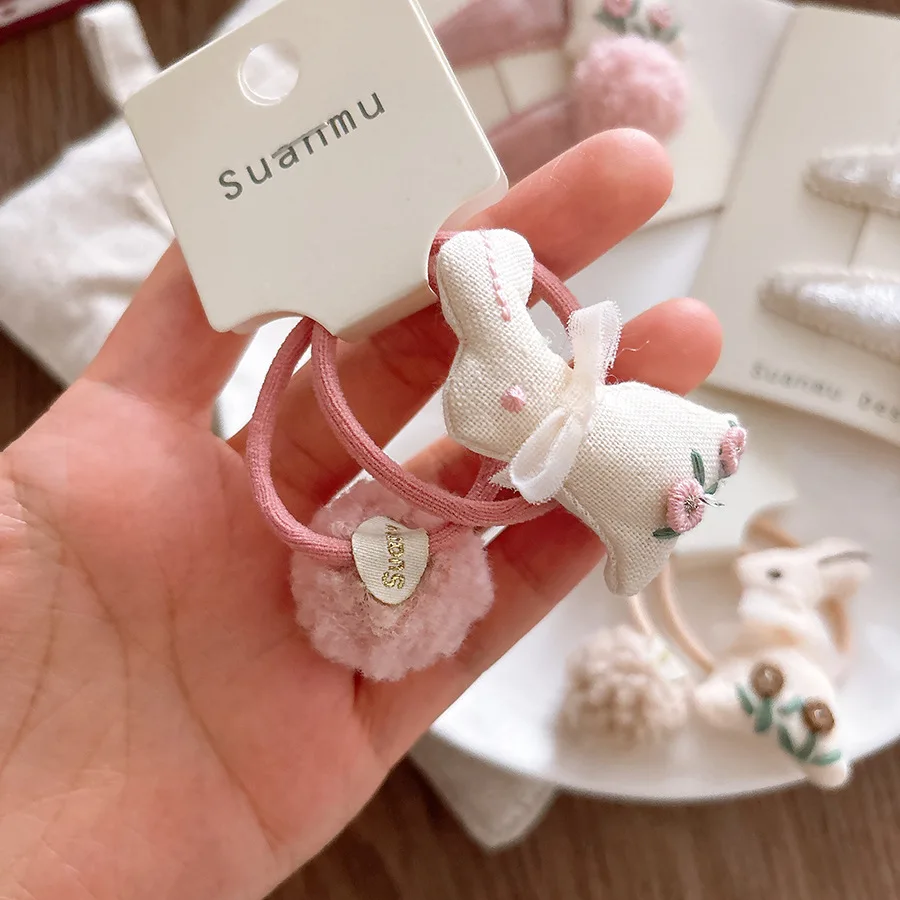 Autumn Winter Sweet 3D Embroidery Cute Rabbit Baby Velvet BB Clips Side Hairpins Girls Sakura Pink Fluffy Pom Pom Hair Ties view 2