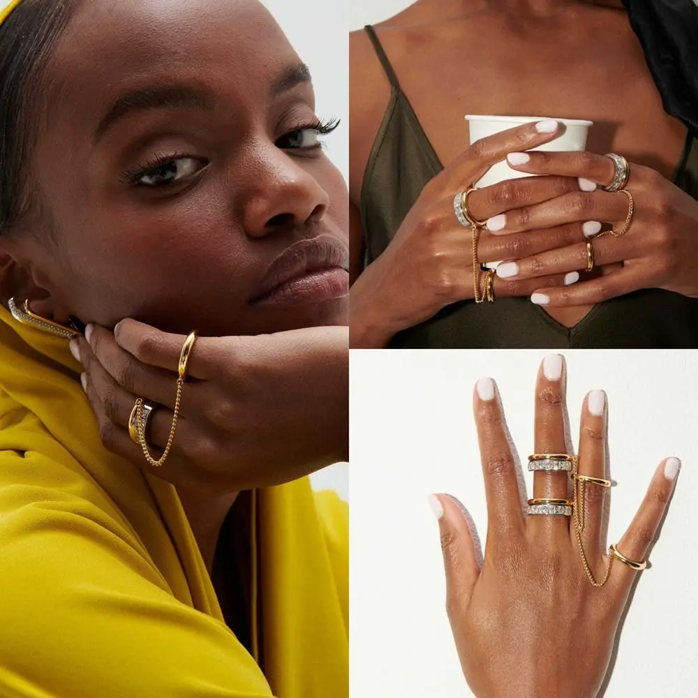 العصرية الشرير سلسلة حلقة الزركون 18K الذهب والفضة شرابة حلقات معدنية أنيقة اكسسوارات اليد للنساء