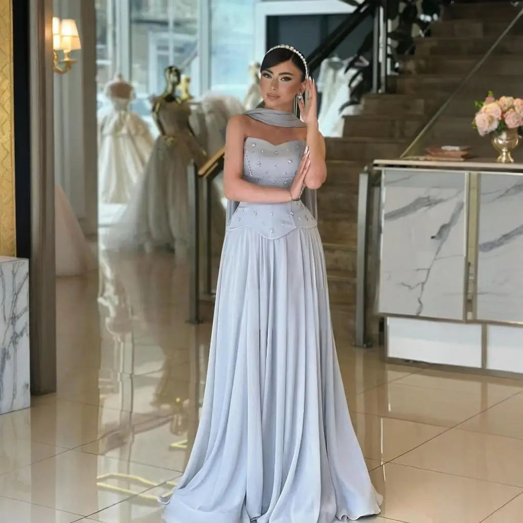 

Sweetheart Backless dubai arabic Prom Dresses with scarf Chiffon A-Line floor Length Formal Evening Party Dress robe de soiree