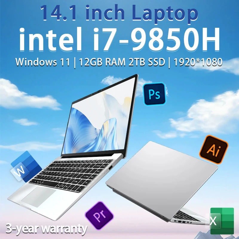 

14.1 inch Laptop Intel Core i7 9850H Windows 11 Gaming Laptops Computer 12GB DDR4 1TB 2TB SSD Portable Office Notebook PC Gamer
