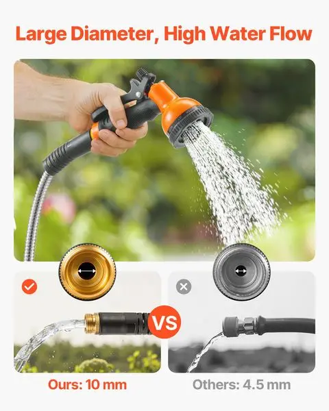 VEVOR Metal Garden Hose 100 ฟุต, สายยางน้ําสแตนเลสกันสนิม, สายยางหลังบ้านสําหรับงานหนักพร้อมหัวฉีด 10 ฟังก์ชั่น, No-Kink