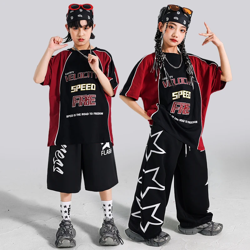Jungen Hip Hop Lose T-shirt Rote Weste Cargo Hosen Street Dance Shorts Mädchen K-pop Jazz Kostüm Kind Kleidung Sets kinder Streetwear