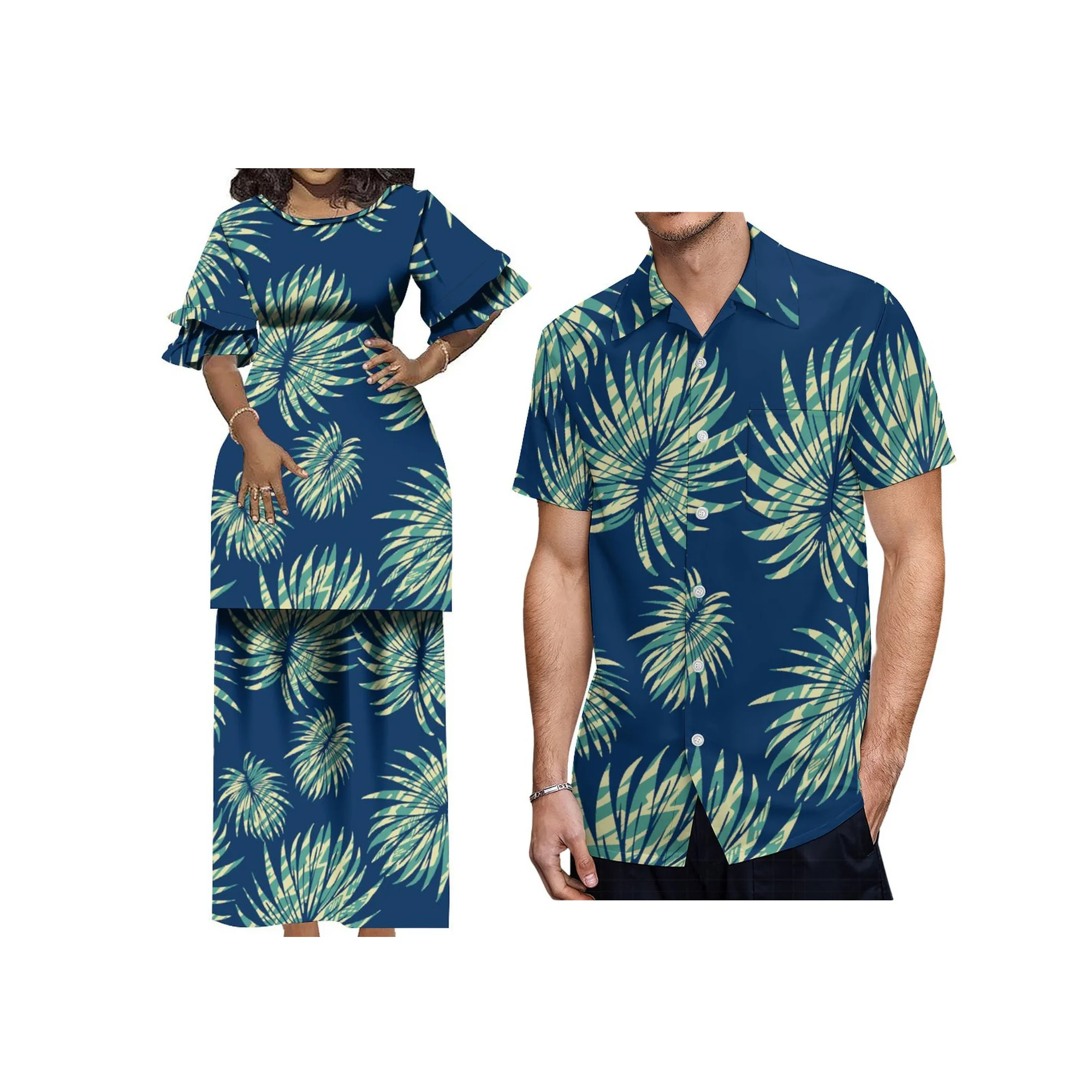 

New Factory Design Custom Samoa Print Crew Neck Dress Puletasi Dress Women Ruffle Half Sleeve Party Dress Two Piece Set