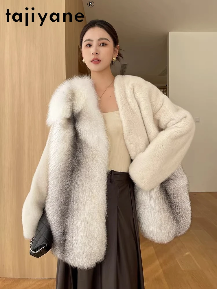 TAJIYANE 100% فرو المنك الطبيعي الربط الثعلب معطف الفرو امرأة فاخرة الخامس الرقبة سترة معاطف الفراء الحقيقي 2025 الملابس الشتوية schuba femenarska