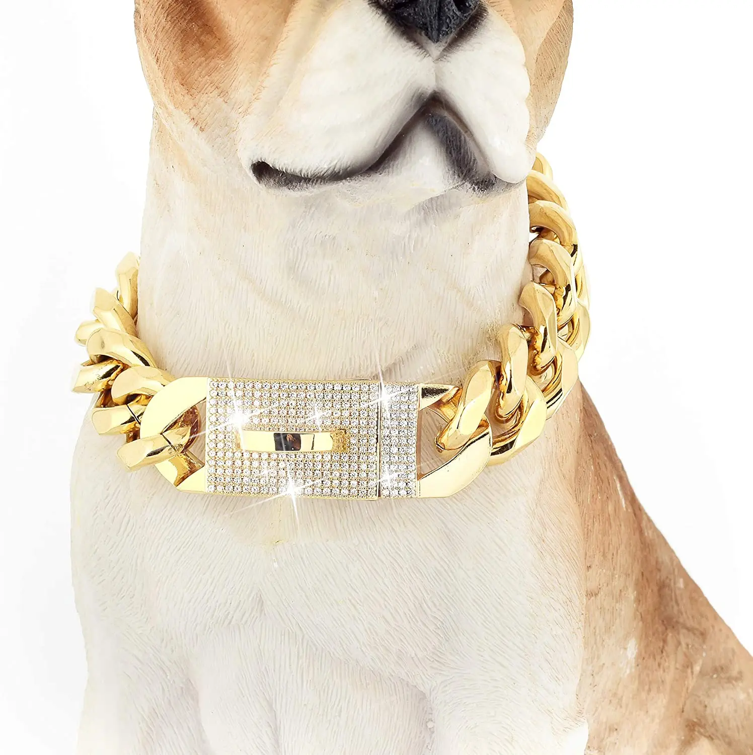 

Gold Tone Dog Chain Collar 15mm/19mm Cuban Link Chain Dog Collar Chew Proof Stainless Steel Collar for Samll Medium Large Dogs