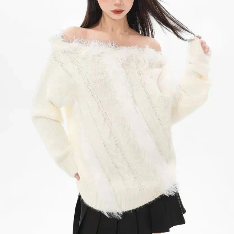 

Slash Neck Jumper Korean Pullovers For Women's Autumn Winter Clothing Sueter Mujer Hollow Out Knitted Sweater Soft Pull Femme