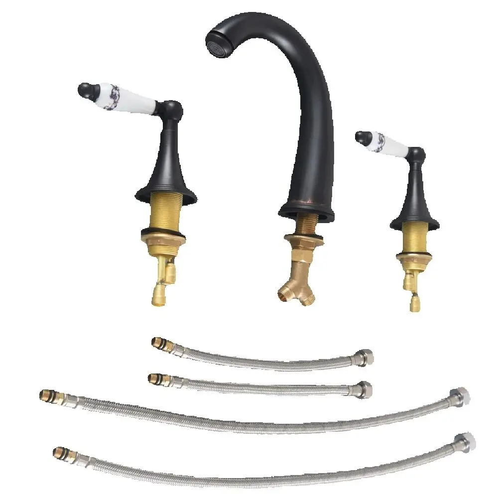 

Oil Rubbed Bronze Widespread Deck-Mounted Tub 3 Holes Dual Ceramic Handles Kitchen Bathroom Tub Sink Basin Faucet Tap mnf080