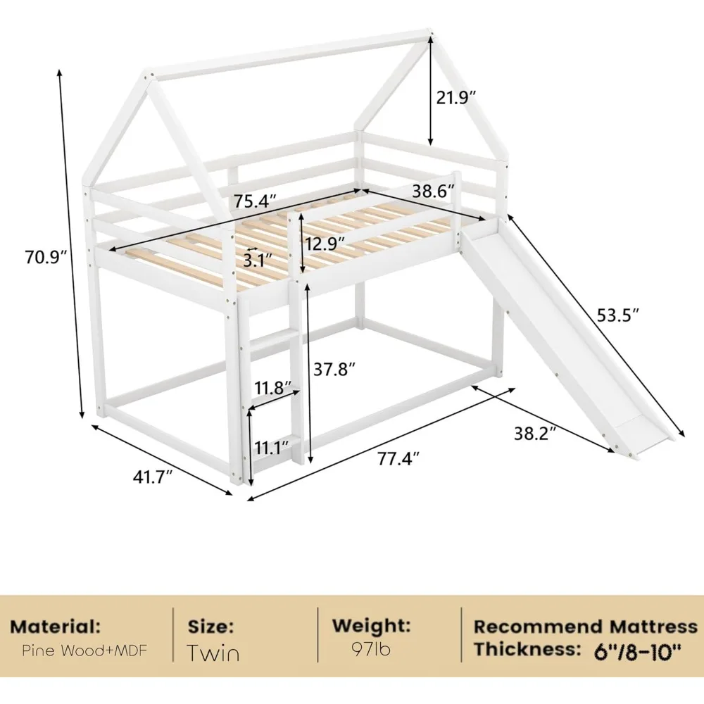 Двухъярусные кровати Harper & Bright Designs для детей, Двухъярусная кровать с деревянным домиком, Двухъярусная кровать Twin Over Twin, Детская двухъярусная кровать с горкой и крышей для девочек B