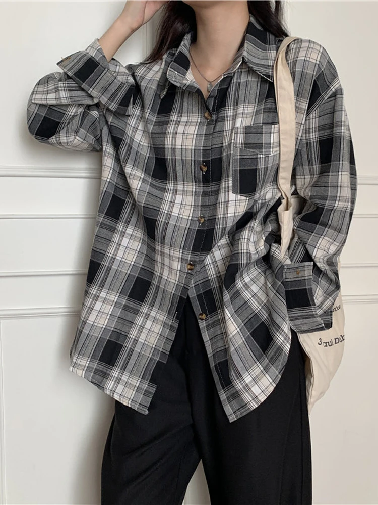 Zoki Korean Oversize Loose Women Plaid Shirt Harajuku Long Sleeve Bf Casual Blouse Spring Female Fashion Turn Down Collar Tops