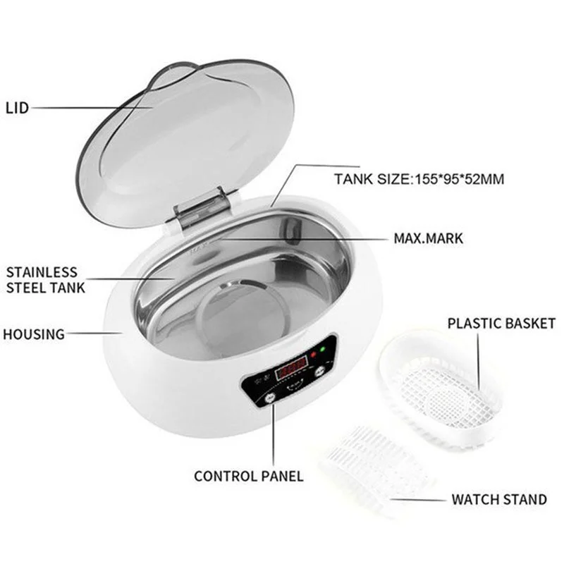 600ml Ultrasonic CLEANER Bath TIMER สําหรับชิ้นส่วนเครื่องประดับแว่นตาเล็บหินเครื่องตัดทันตกรรมมีดโกนแปรง Ultrasound Sonic Boxc