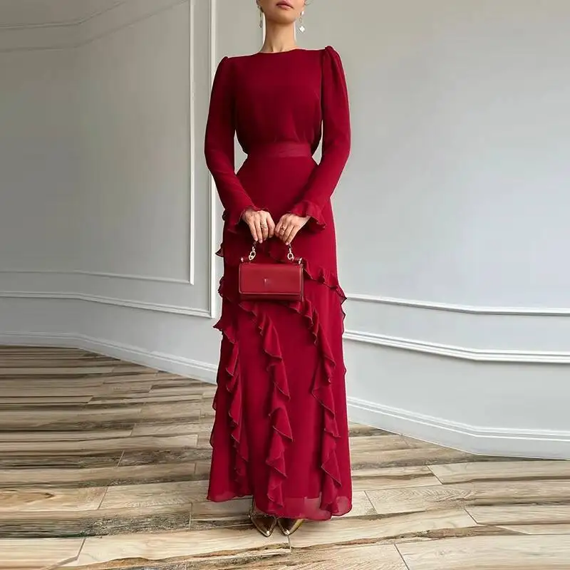 Fashion O Neck Tops Skirts Outfits Women Casual Long Sleeve Ruffle Solid Slim Suit Elegant Premium Draped Pc Sets #4