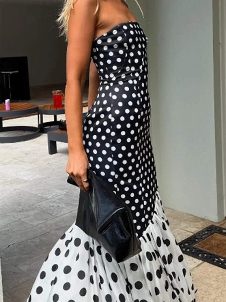 

Летнее Новое Вечернее Платье Без Бретелек с Завышенной Талией, Элегантное Женское Платье с Оборками и Разрезом для Вечеринок, Модное Платье-Труба с Принтом в Горошек