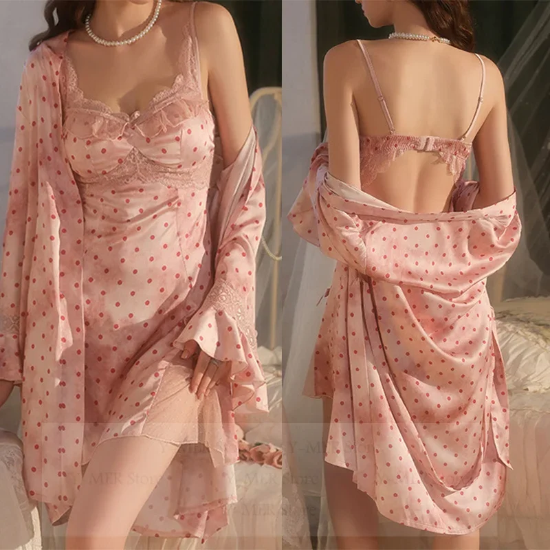 

Sexy Lace 2Pcs Robe Set Spaghetti Strap Nightgown French Style Sleepwear Women Elegant Dot Print Lingerie Kimono Bathrobe Gown