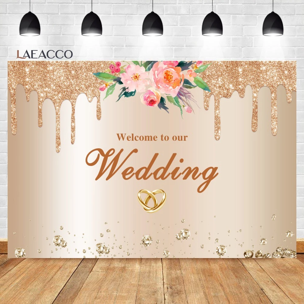 Laeacco Wedding Backdrop Gold Pink Welcome to Our Wedding Party Golden Ring Flower Pattern Bride Portrait Photography Background