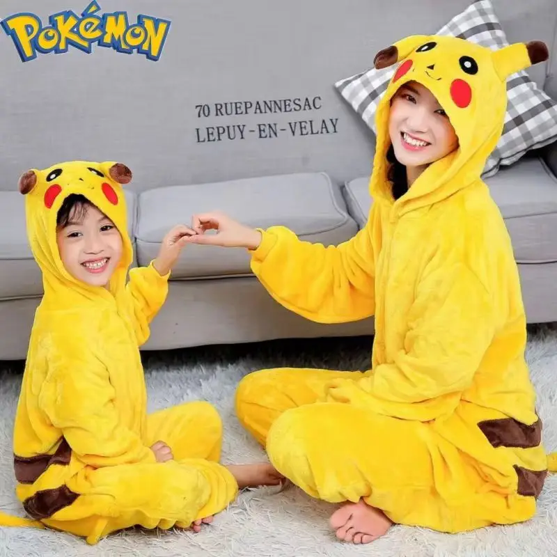 New Anime Pikachu Plush Flannel Pajamas Cartoon Pokemon Costume Suit Long Sleeved Winter Soft Warm Home Clothes Children Gifts