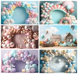 Laeacco Pink Arch Balloons Floral Girl First Birthday Party Photography Background Baby Shower Kids Cake Smash Portrait Backdrop