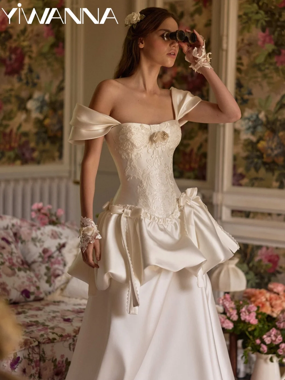 Romantic Vintage Satin Long Wedding Dress Off Shoulder Lace Bow Bridal Gown Customized Elegant Strapless Dresses For Bride