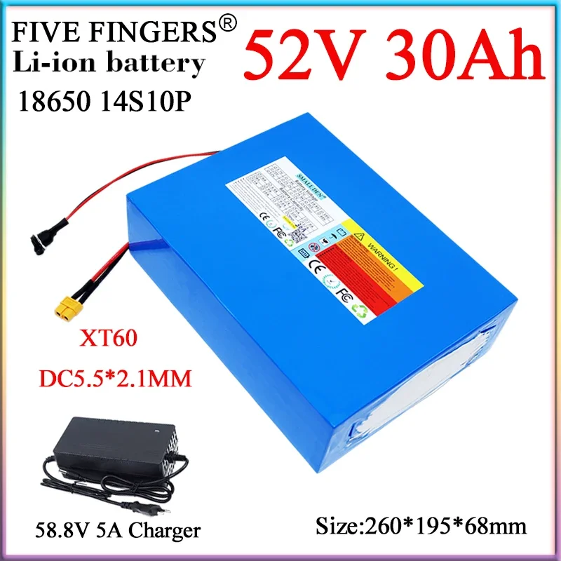 

52V 30Ah 18650 Lithium Battery Pack 14S10P 1500W Motor With BMS Cells For E-two wheelers Scooter Motorcycle Tricycle+ 5A Charger