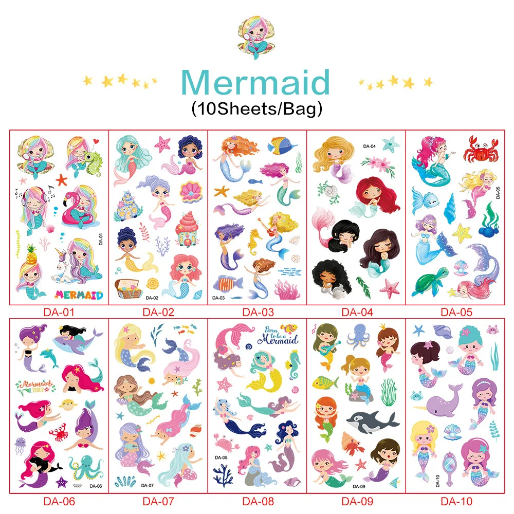 Fake Tattoos Temporary Tattoos Stickers Unicorn Mermaid Marine Animals Flower Fairy Pirate for Kids Birthday Party Supplies