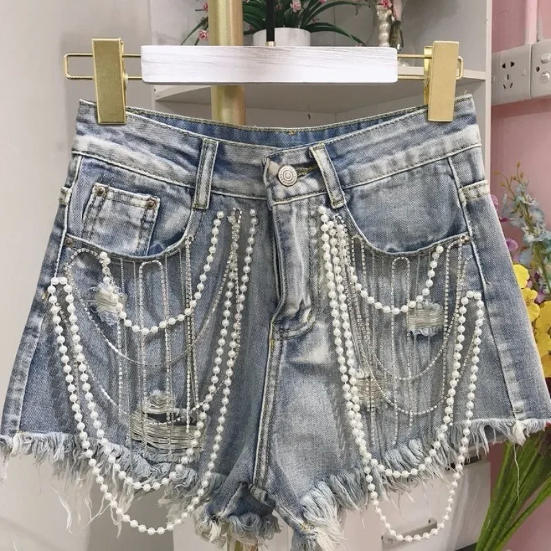 Heavy Jeans Women Denim Beading Shorts Summer New European Station Tassel Pearl Pendant Raw Edge A-line Wide-leg Pants