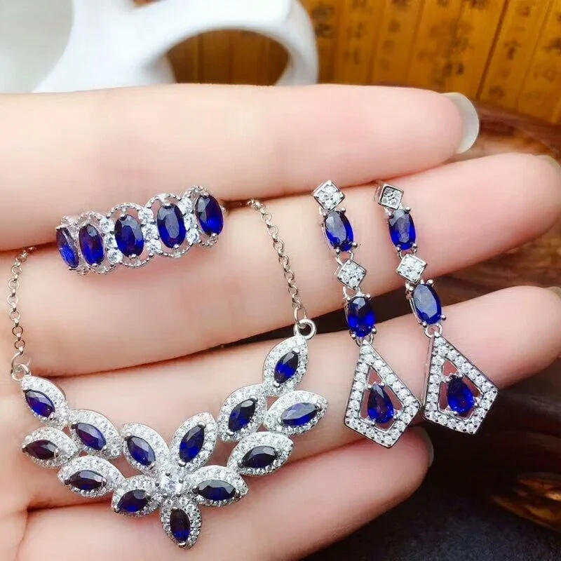 Natural Sri Lanka Sapphire Gemstone Set  925 Sterling Silver 3 Pieces Siut Fine Wedding Jewelry for Women Luxury