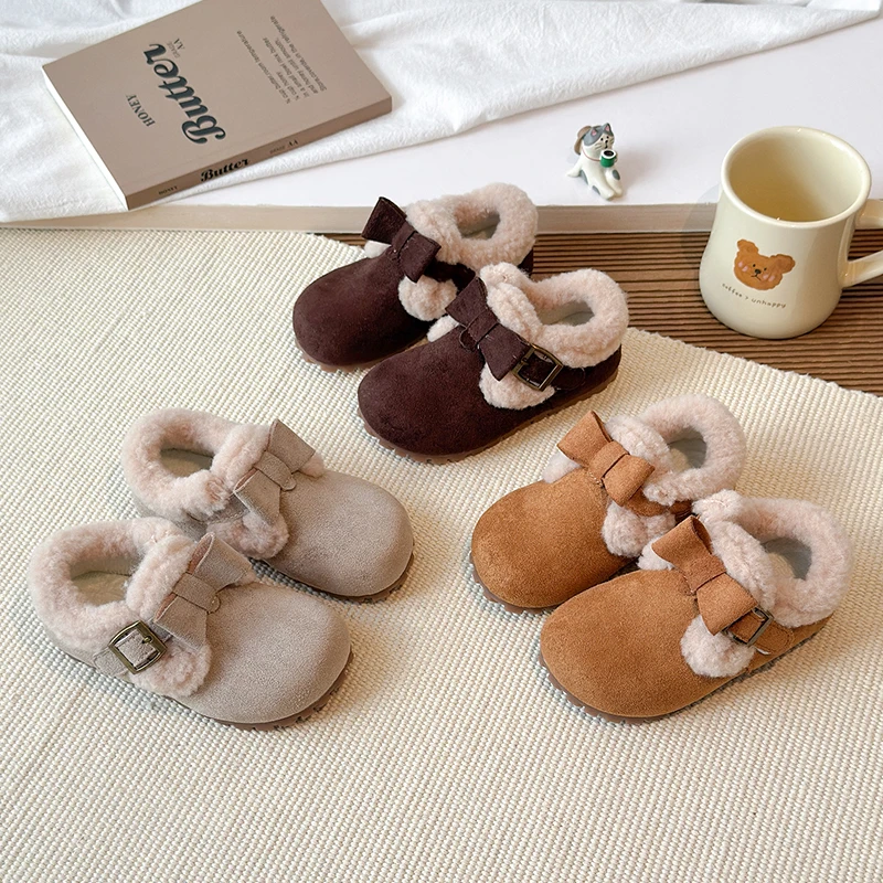 

2025 Girls Winter Shoes Cotton-padded Warm Cotton Fur Fluffy Children Flats Kids Loafers Slip-on Princess Sweet Bowtie 23-31