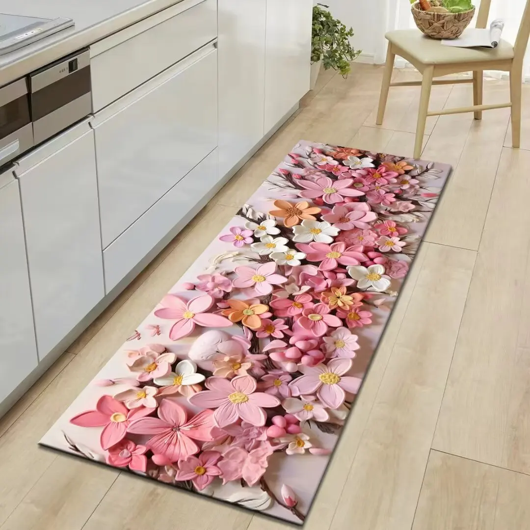 3D Floral Kitchen Mat Home Entrance Doormat Hallway Bedroom Decor Bedside Living Room Carpet Balcony Bathroom Anti-Slip Long Rug