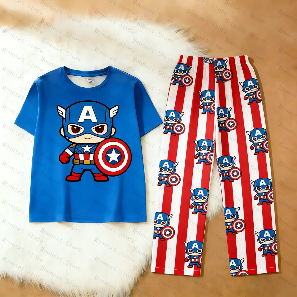 Camiseta de seda de leche de verano de Marvel 2026 con pantalones de pijama, traje de talla grande para niños, camiseta, pantalones de pijama para mujeres adultas, conjunto versátil