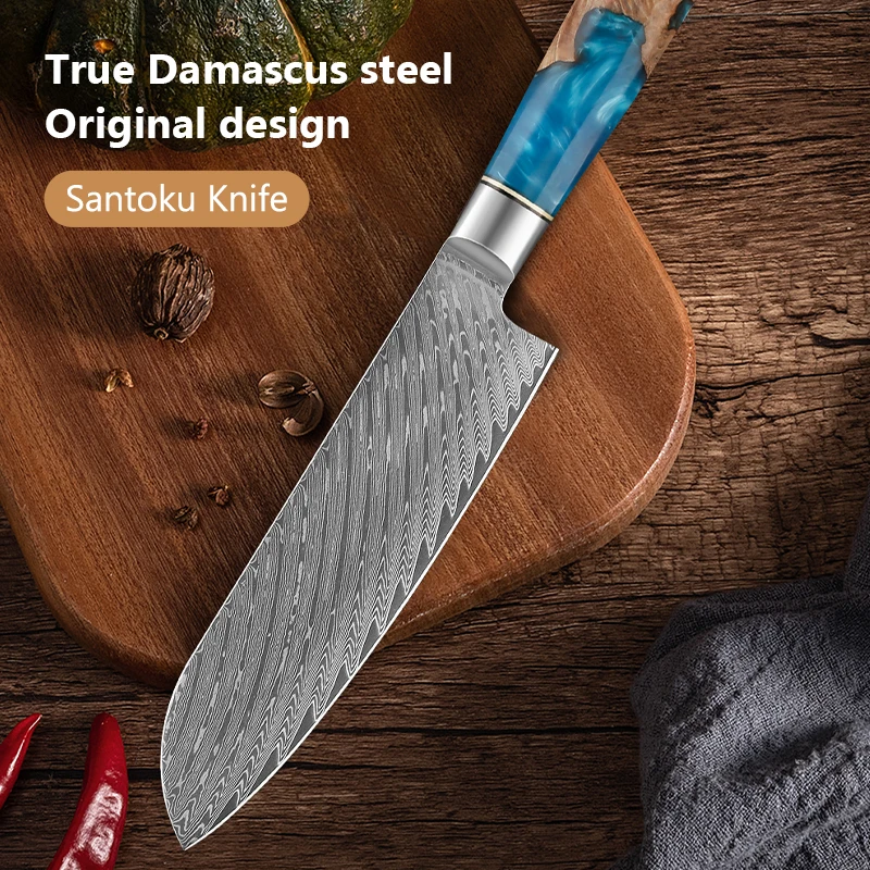 7 Inch Santoku Knife 67 Layers Damascus Steel Japanese Kitchen Chef Knife Luxury Blue Resin Wood Handle Kitchen Cooking Tools