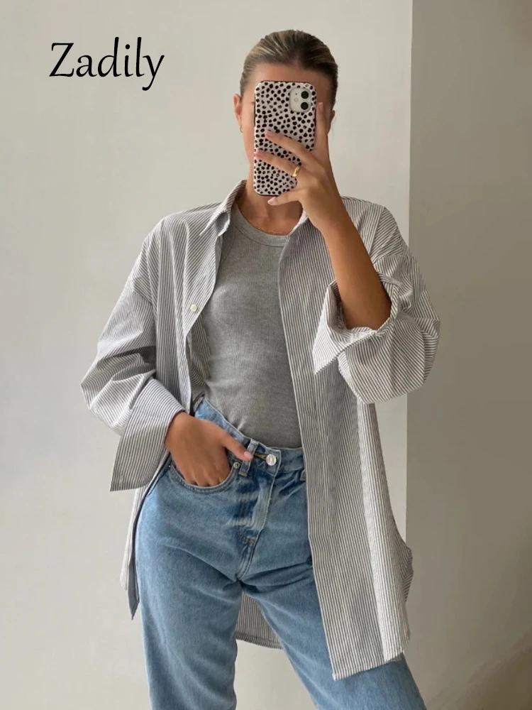 Zadily 2024 Summer Loose Long Sleeve Women Cotton Striped Basic Shirt Office Lady Button Up Clothing Minimalist Blouses