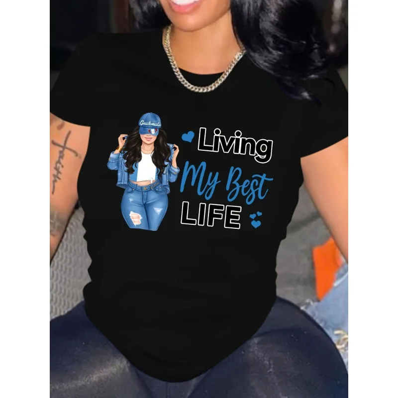 تي شيرت كاجوال للسيدات، الحب الذاتي هو اختيارتي. بلوزة نسائية للربيع والصيف برقبة دائرية وأكمام قصيرة مطبوعة باللون الأزرق