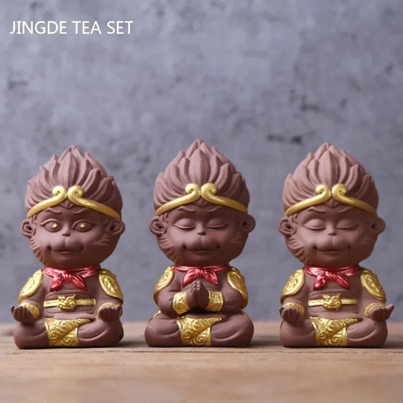 Lovely Sun Wukong Statue Tea Figurine Ornament Handmade Purple Clay Tea Pet Decoration Boutique Tea Table Decoration Crafts