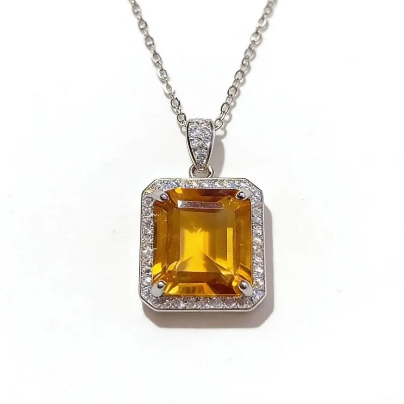 

S925 Sterling Silver Natural Citrine Pendant Necklace Emerald Cut 10x12mm Yellow Gemstone Halo Jewelry
