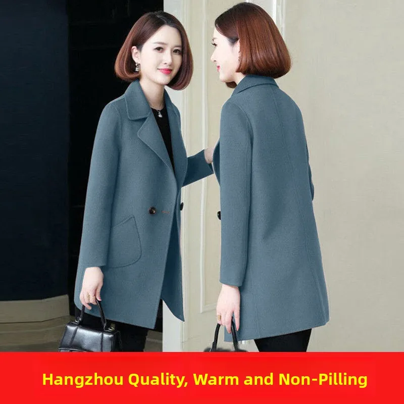 

Women's Woolen Coat 2026 Autumn Winter New Medium Length Loose Fit Korean Style Button Detail Other Material 100% Outerwear