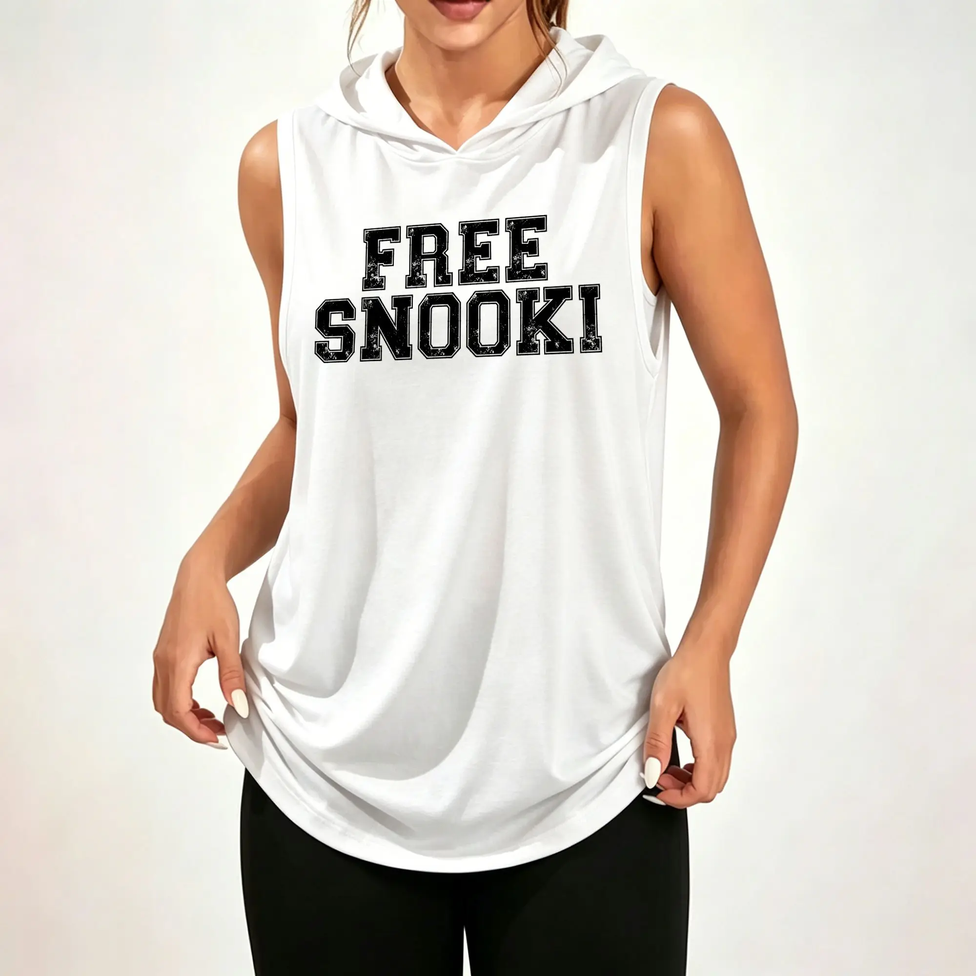 Women's Sleeveless Hoodie, Free Snooki Distressed Vintage Letter Graphic Print Casual Hooded Tank Top