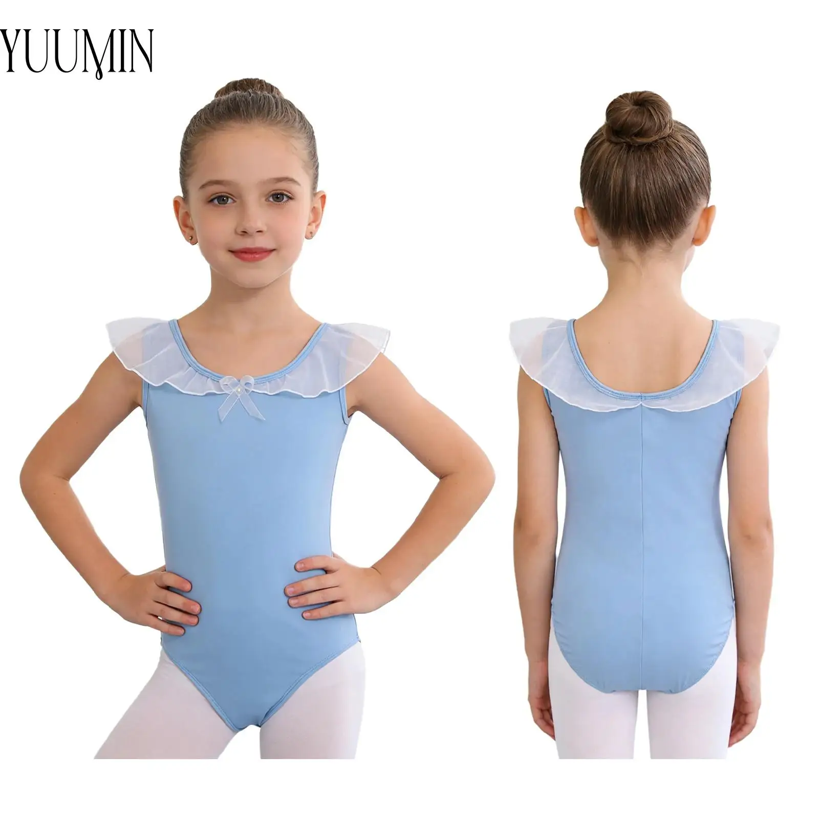 

Kids Girls Sleeveless Mesh Ruffles Ballet Leotard Round Neck Press Button Crotch Gymnastics Dance Practice Performance Bodysuit