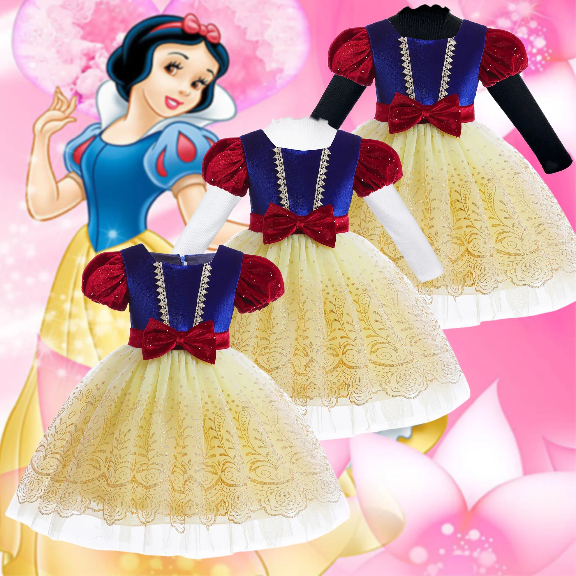 Girl Dress Velvet Dress Stylish Bubble Sleeves Children Clothing Snow White Princess Dress Halloween Cosplay Children Mesh Skirt