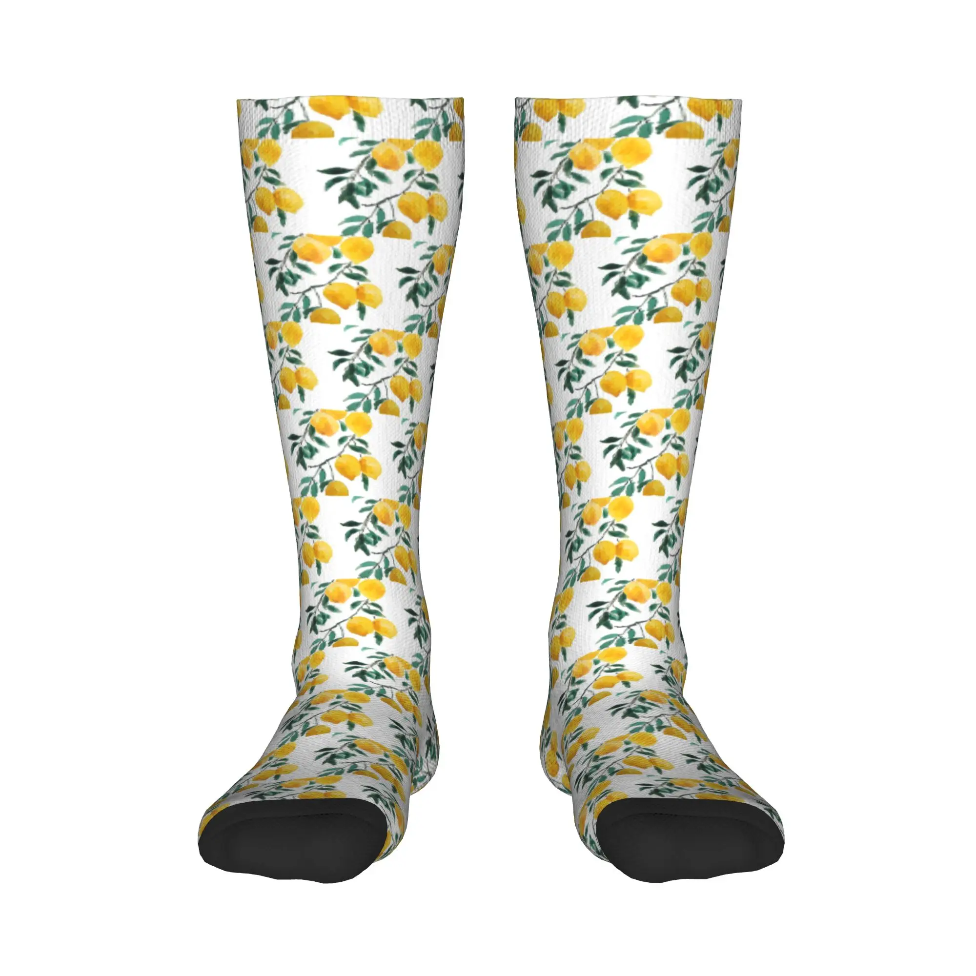 

Всесезонные чулки для экипажа, ручная роспись, желтые носки с акварелью лимона, модные длинные носки в стиле Харадзюку, аксессуары для мужчин и женщин