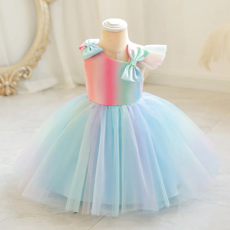 Meninas Multi-color Gradient Rainbow Dress para Aniversário Carnaval Performance Pageant Evening Party Princess Tutu para 3-14Y