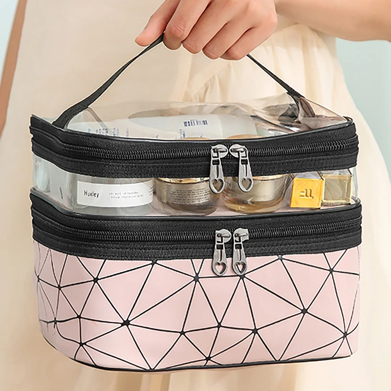 Functional Double-layer Clear Makeup Bag with Wide Opening and Sturdy Handles for Organization of Cosmetics and Toiletries