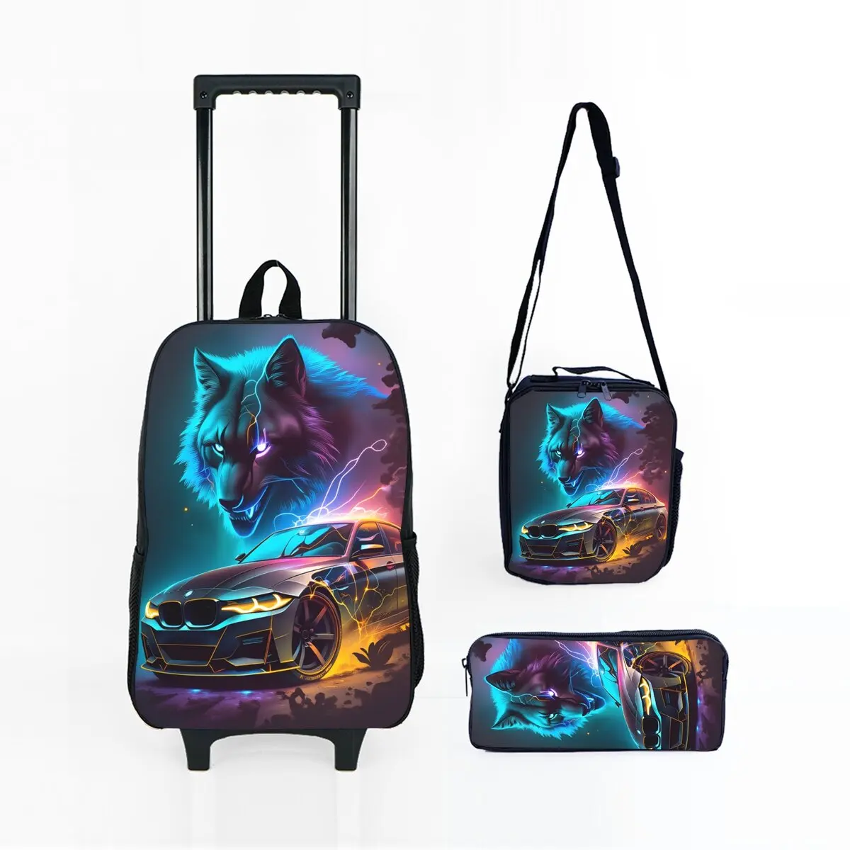

Wolf and Racing Print Wheeled Rolling Bag Set with Lunch Box Pen Bag with Wheels School Trolley Backpack Bag for Girl/Boys