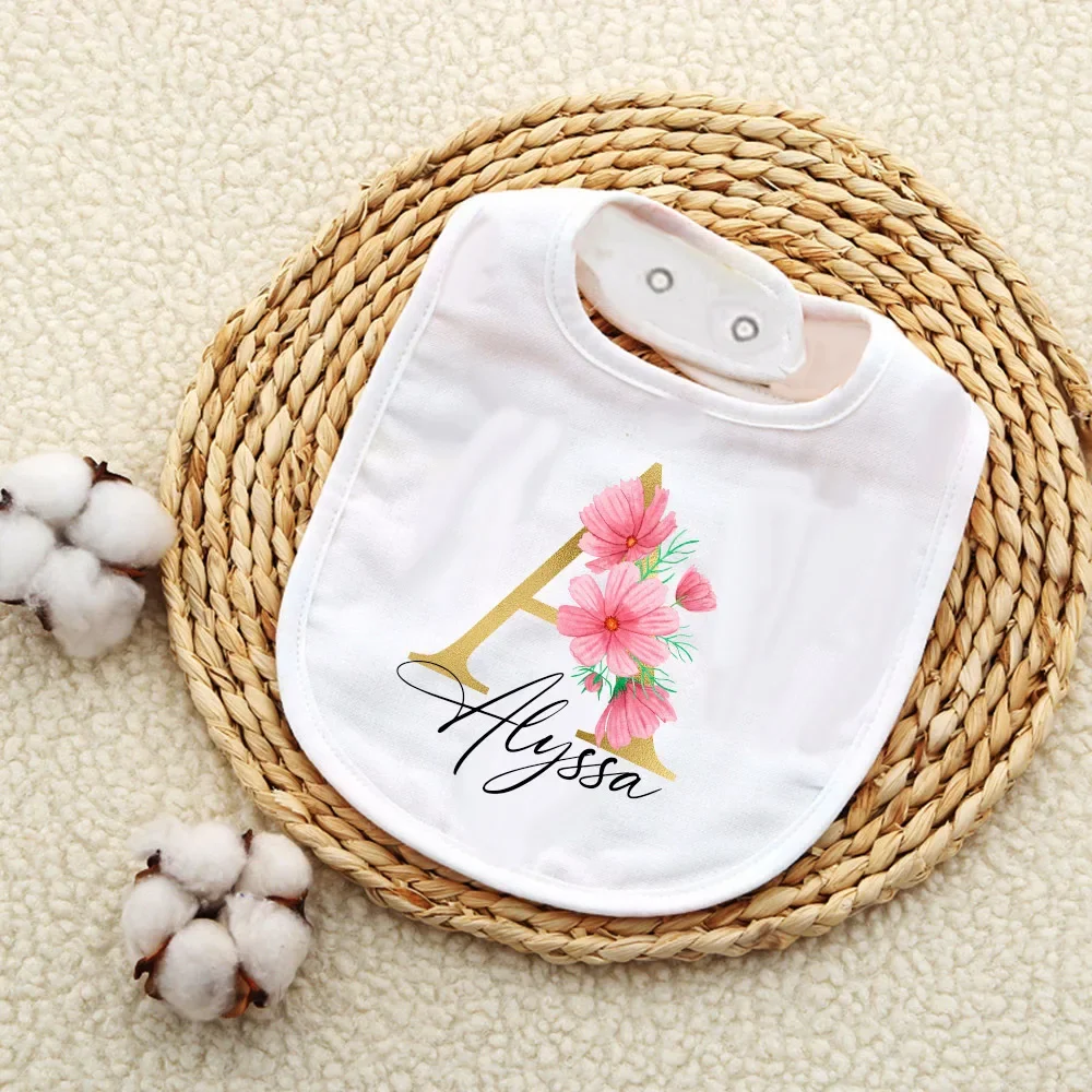 Personalised Initial with Name Baby Bibs Custom Girls Cotton Bib Newborn Saliva Towel Flower Print Bib Baptism Baby Shower Gifts