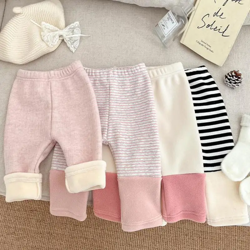 2025 شتاء جديد طفلة الصوف طماق الاطفال الفتيات المرقعة السراويل الرضع زائد المخملية سميكة مخطط طماق طفل الملابس #1