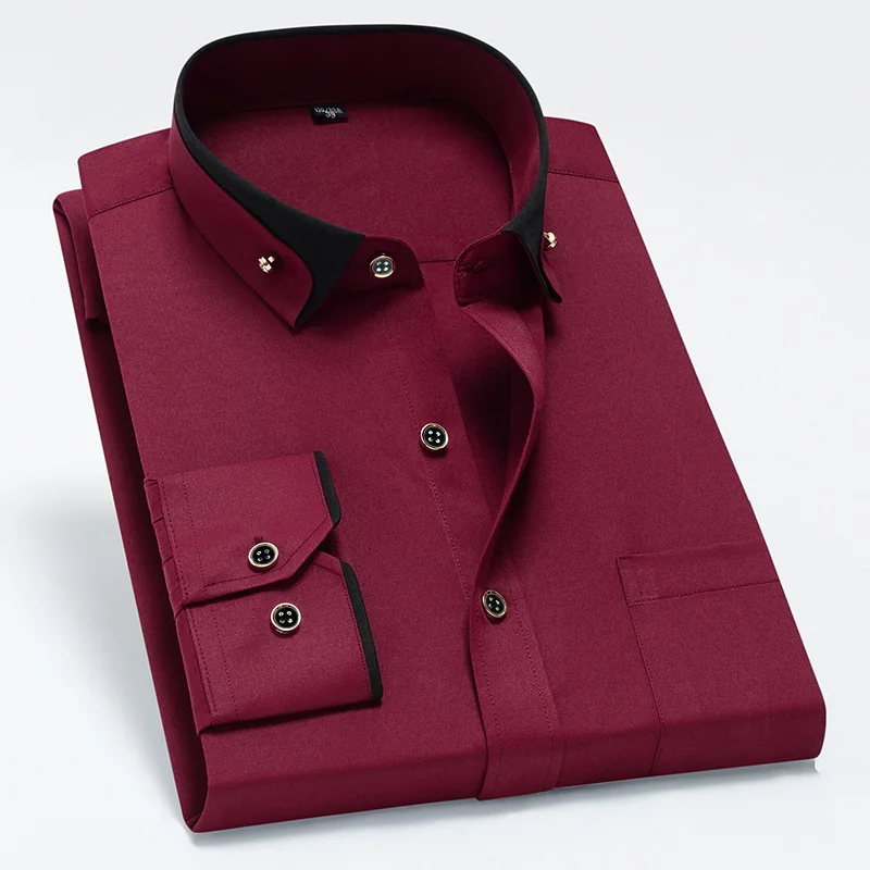 KIDWHXR Man Long Sleeve Shirts Spring Autumn Contrast Color Single-breasted Male Elastic T-shirts Business Casual Men Tops