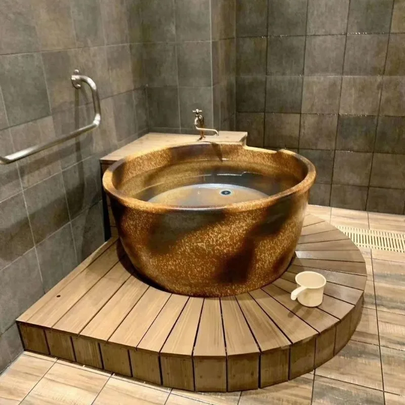 

Jingdezhen 1m 1.2m ceramic large bathtub, hot spring outdoor bath center double round bath tank